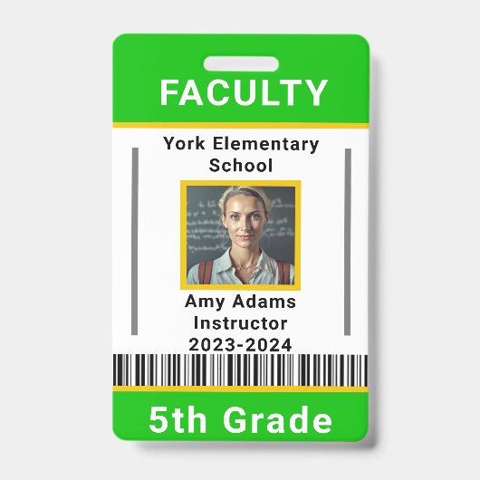 Lehrer-ID-Abzeichen Vorlage W/ Strichcode Grün Ausweis (Front)