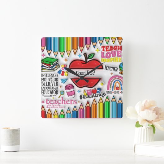 Lehrer: Inspiriert, wachsen, Minds, Herzen Quadratische Wanduhr (Zuhause)