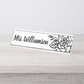 Lehrer-MonogrammSchwarz-weiße Chic-Blume Schreibtischnamensplakette (Vorderseite )