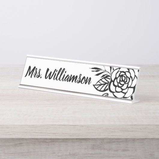 Lehrer-MonogrammSchwarz-weiße Chic-Blume Schreibtischnamensplakette (Vorderseite )