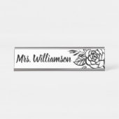 Lehrer-MonogrammSchwarz-weiße Chic-Blume Schreibtischnamensplakette (Vorderseite )
