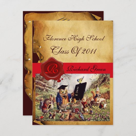 LEHRER OWL ABSCHLUSS PARCHMENT WAX SIEGEL MONOGRAM EINLADUNG (Vorne/Hinten)