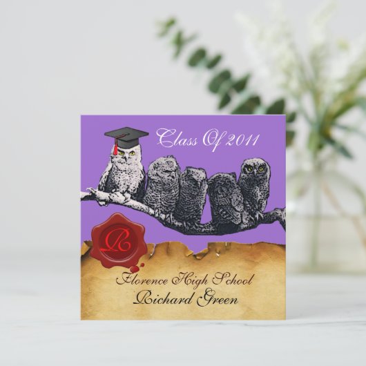 LEHRER OWL ABSCHLUSS PARCHMENT WAX SIEGEL MONOGRAM EINLADUNG (Stehend Vorderseite)