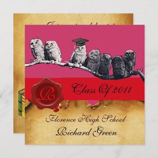 LEHRER OWL ABSCHLUSS PARCHMENT WAX SIEGEL MONOGRAM EINLADUNG (Vorne/Hinten)