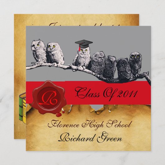 LEHRER OWL ABSCHLUSS PARCHMENT WAX SIEGEL MONOGRAM EINLADUNG (Vorne/Hinten)