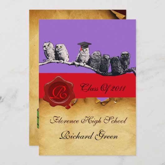 LEHRER OWL ABSCHLUSS PARCHMENT WAX SIEGEL MONOGRAM EINLADUNG (Vorne/Hinten)