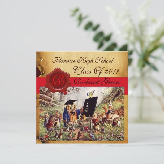 LEHRER OWL ABSCHLUSS PARCHMENT WAX SIEGEL MONOGRAM EINLADUNG (Stehend Vorderseite)