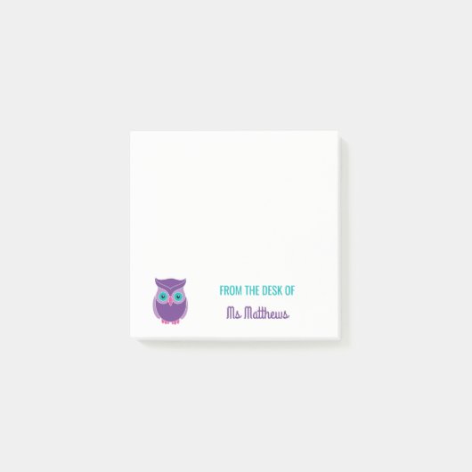 Lehrer-personalisierte lila Eule vom Schreibtisch Post-it Klebezettel (Vorderseite)