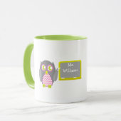 Lehrer-Tasse - rosa Zickzack graue Eule an der Tasse (Vorderseite Links)