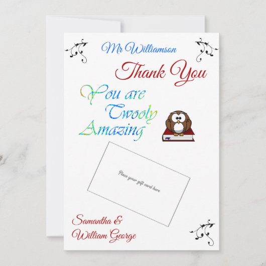 Lehrer Wertschätzung Owl dank Karteninhaber Karte (Vorderseite)