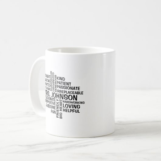 Lehrer Word Cloud Name und Eigenschaften Kaffeetasse (Vorderseite Links)