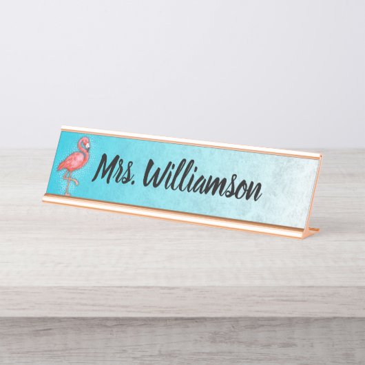 Lehrerin Beruflich Pink Flamingo Blue Schreibtischnamensplakette (Vorderseite )