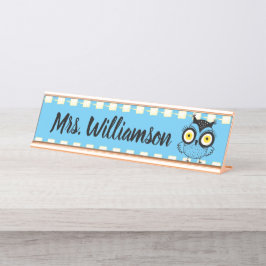 Lehrerin Bibliothekar Beruflich Owl Blue Schreibtischnamensplakette