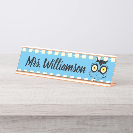 Lehrerin Bibliothekar Beruflich Owl Blue Schreibtischnamensplakette (Vorderseite )