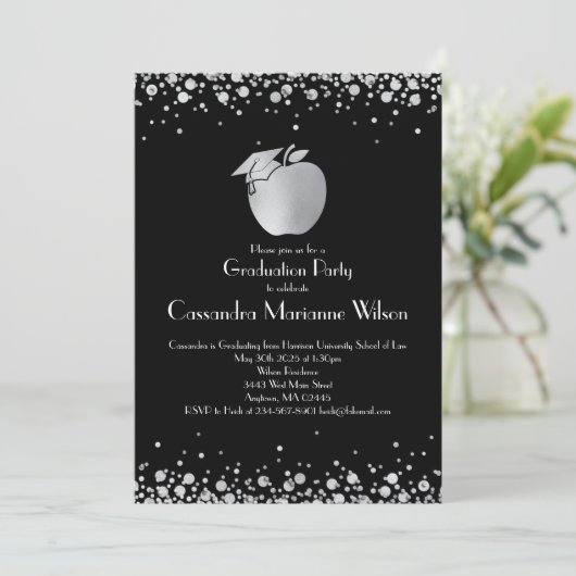 Lehrerin Bildung Abschluss Black Silver Einladung (Stehend Vorderseite)