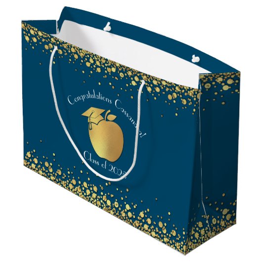 Lehrerin Bildung Abschluss Blue Gold Große Geschenktüte (Rückseite Schrägansicht)