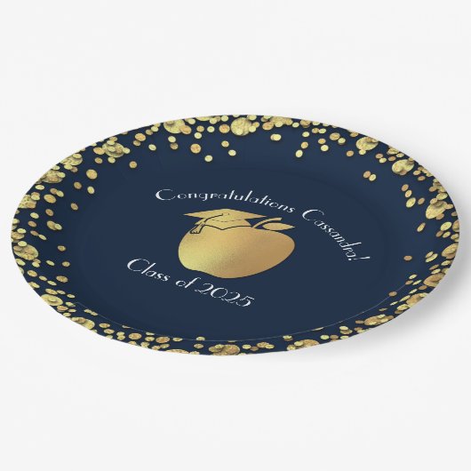 Lehrerin Bildung Abschluss Navy Blue Gold Pappteller (Schrägansicht)