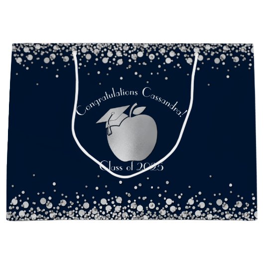 Lehrerin Bildung Abschluss Navy Blue Silver Große Geschenktüte (Vorderseite)