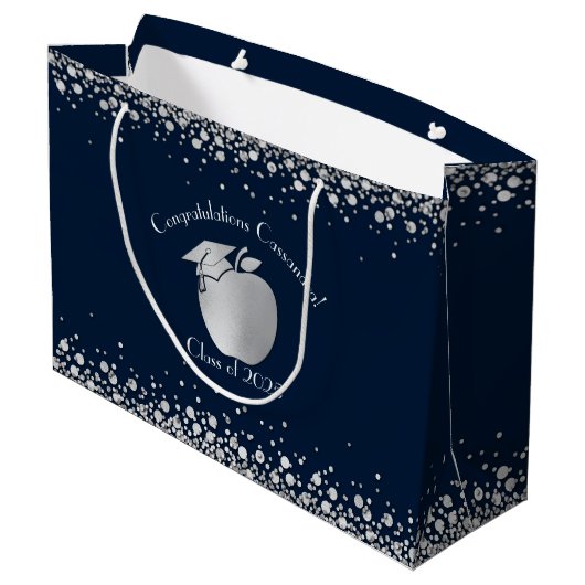 Lehrerin Bildung Abschluss Navy Blue Silver Große Geschenktüte (Rückseite Schrägansicht)