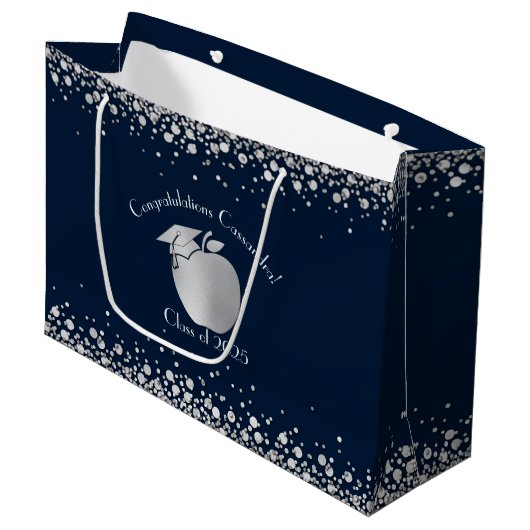 Lehrerin Bildung Abschluss Navy Blue Silver Große Geschenktüte (Vorderseite Schrägansicht)