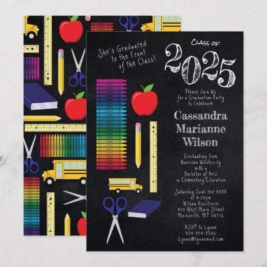 Lehrerin Bildung Chalkboard Abschluss Einladung (Vorne/Hinten)