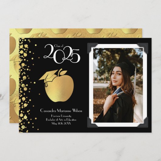 Lehrerin Bildung Gold Abschluss Black Einladung (Vorne/Hinten)