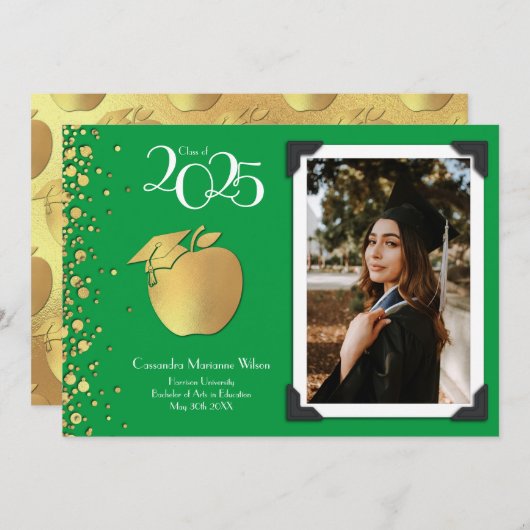 Lehrerin Bildung Gold Abschluss Green Einladung (Vorne/Hinten)