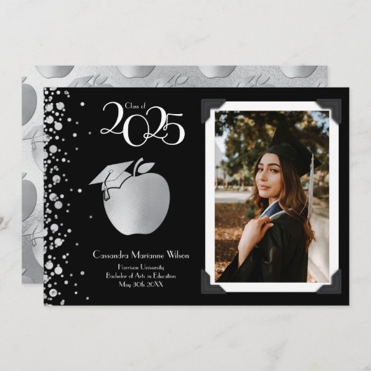 Lehrerin Bildung Silver Abschluss Black Einladung (Vorne/Hinten)