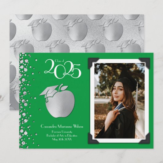 Lehrerin Bildung Silver Abschluss Green Einladung (Vorne/Hinten)