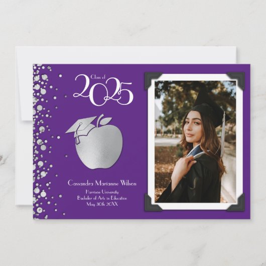 Lehrerin Bildung Silver Abschluss Lila Einladung (Vorderseite)