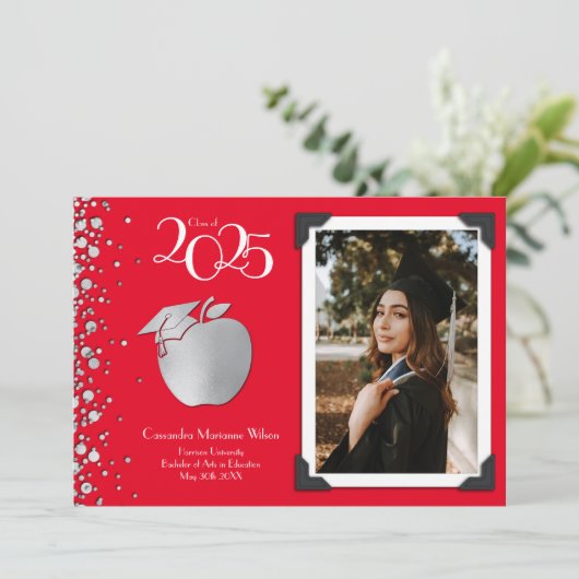 Lehrerin Bildung Silver Abschluss Red Einladung (Stehend Vorderseite)