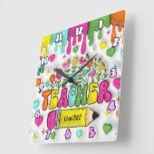 Lehrerin: farbenfroh, blumenreich, Inspirierend De Quadratische Wanduhr (Winkel)