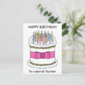 Lehrerin Happy Birthday Cartoon Cake Postkarte (Stehend Vorderseite)