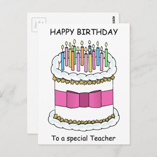Lehrerin Happy Birthday Cartoon Cake Postkarte (Vorne/Hinten)