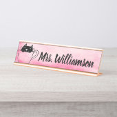 Lehrerin Pink Black Cat Kitten Schreibtisch Name Schreibtischnamensplakette (Vorderseite )