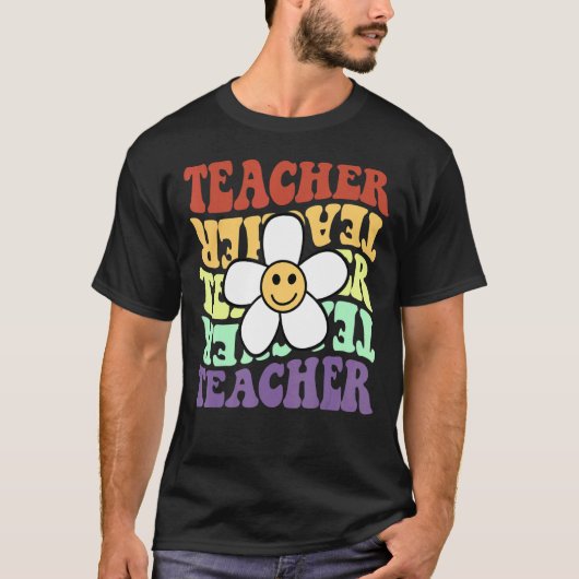Lehrerin Retro Sonnenblumen lächeln Gesicht zurück T-Shirt (Vorderseite)