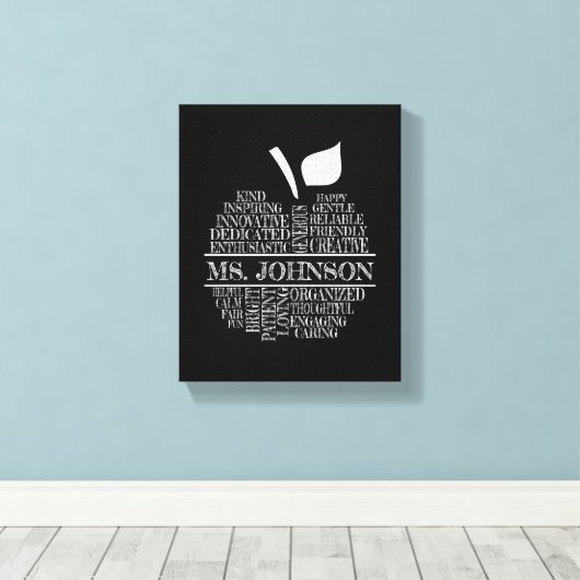 Lehrerin Typografie Apple in Schwarz-Weiß Leinwanddruck (Insitu (Holzboden))