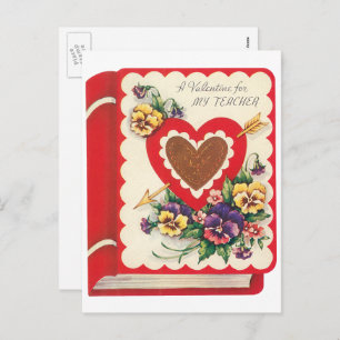 Lehrerin Valentine, Vintage Buchherzen und Blume Feiertagspostkarte