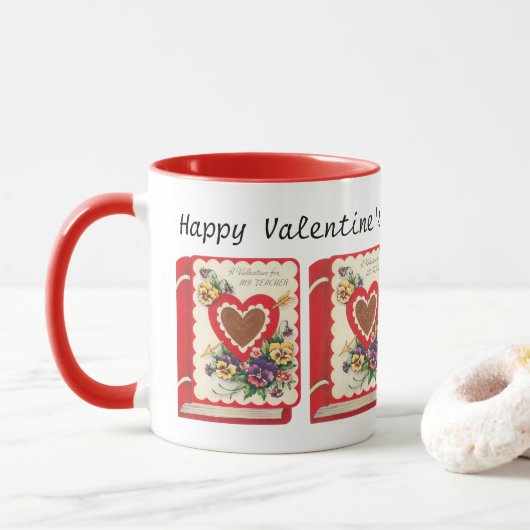 Lehrerin Valentine, Vintage Buchherzen und Blume Tasse (Mit Donut)