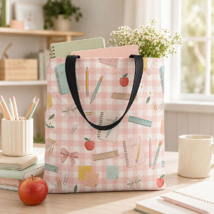 Lehrerin Zurück zur Schule Wasserfarbe Rosa Gingha Tasche