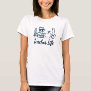 Lehrerleben Blaue Linienkunst Apfel Kaffee Schule T-Shirt