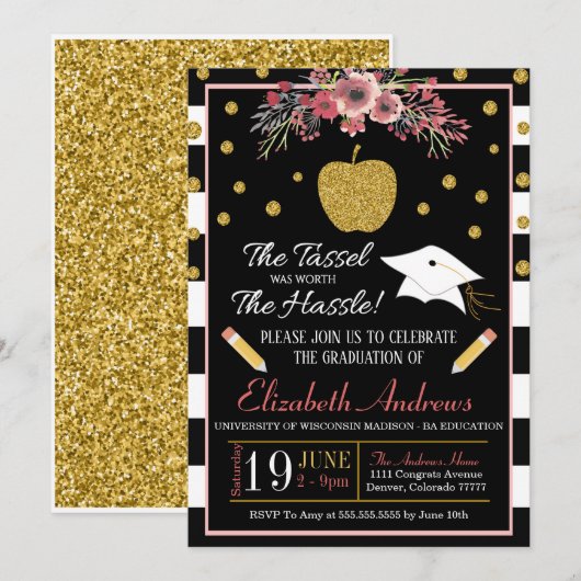 Lehrerschule Abschluss Einladung Floral (Vorne/Hinten)