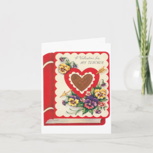 Lehrervalentinsgruß, Vintage Buch Herzen und Blume Feiertagskarte