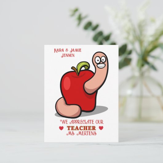 Lehrerwertungs-Wurm in Apple Add Name Postkarte (Stehend Vorderseite)
