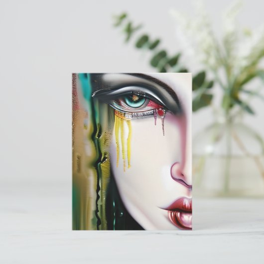 Leicht gruselige, aber schöne Frau mit Tränen Postkarte (Stehend Vorderseite)