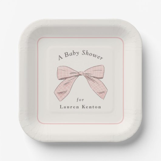 Leicht rosa Kariert Bow Elegante Girl Baby Dusche Pappteller (Vorderseite)