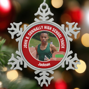 Leichtathletik-Foto von der High School - Athlet i Schneeflocken Zinn-Ornament