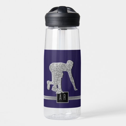 Leichtathletikläufer Faux-Silber-Glitter-Monogramm Trinkflasche (Vorne)