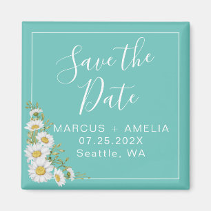 Leichte Aquamarine und Daisies Save the Date Squar Magnet