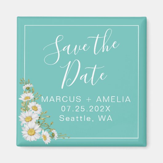 Leichte Aquamarine und Daisies Save the Date Squar Magnet (Vorne)